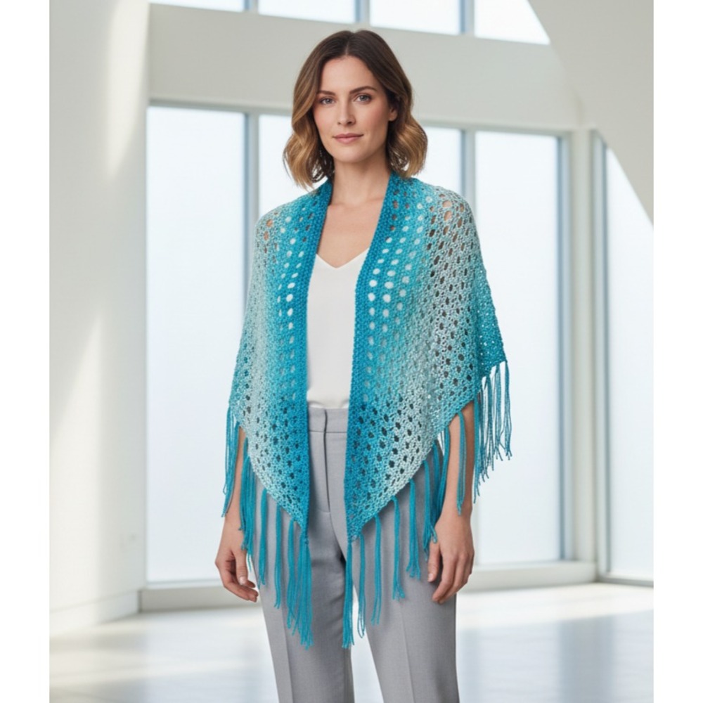 NEW Turquoise Blue Ombre Hand Knitted Shawl Wrap Scarf Boho Art Indie Coastal